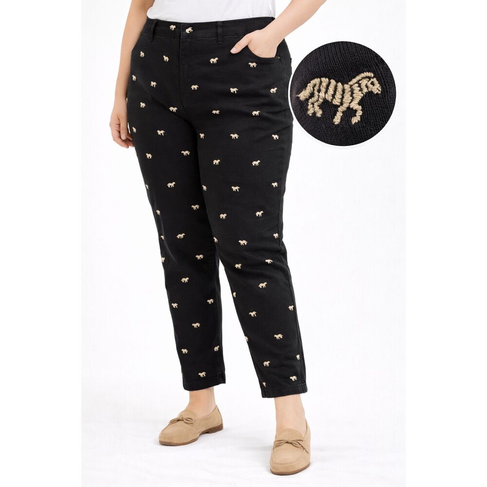Coldwater Creek Zebra Embroidered Pants W18 Black Cropped Animal Print
